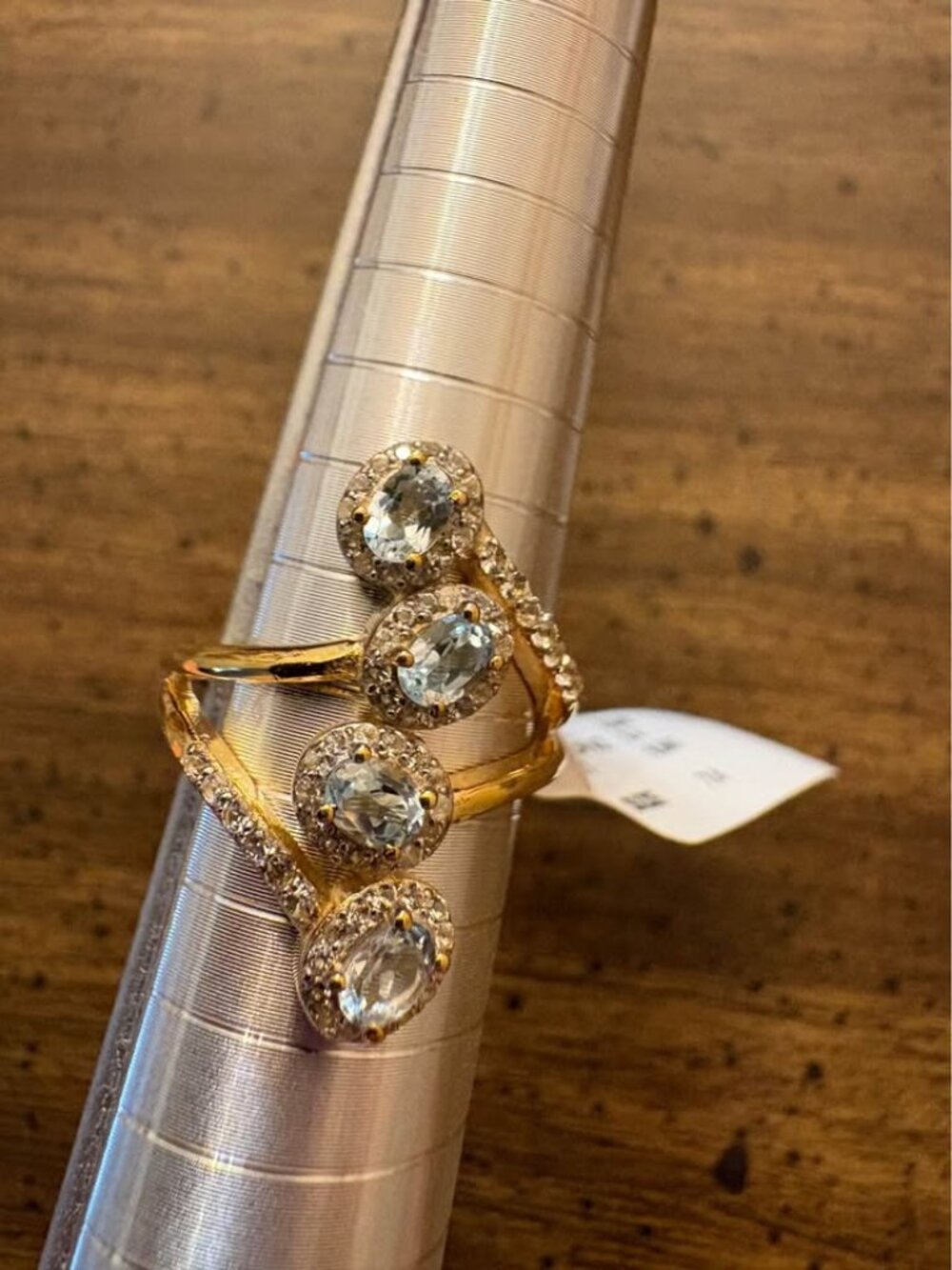 Blue and White Topaz Gold-Tone 925 Sterling Bypass Ring